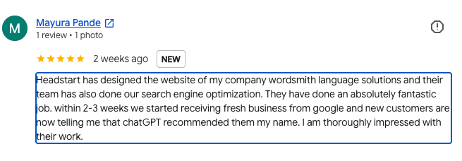 Five-star Google review for Headstart from the founder of Wordsmith Language Solutions